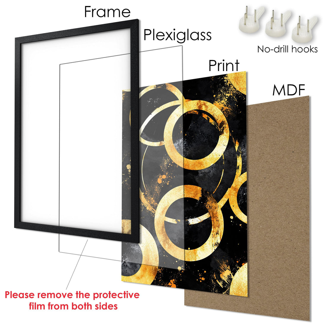 Framed Poster featuring abstract gold rings on a black and gray background. Modern art style with a striking gold and black color palette.