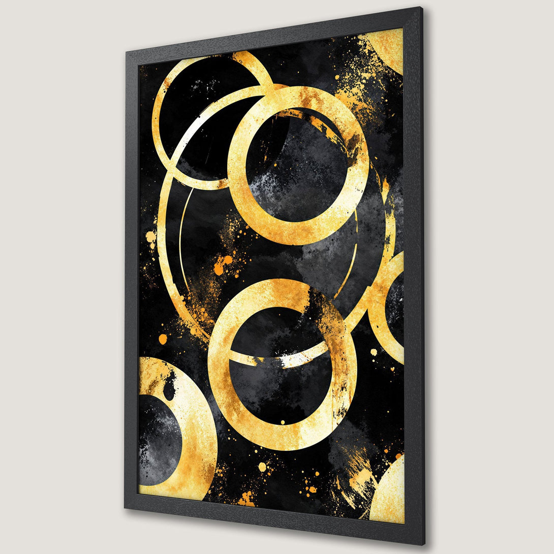 Framed Poster featuring abstract gold rings on a black background. Modern art print perfect for home decor. Chic gold and black color palette.
