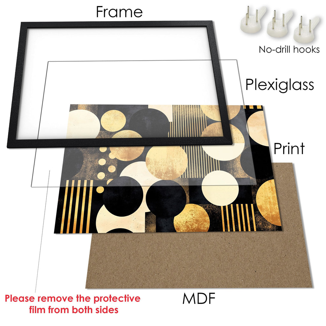 Framed Poster featuring a modern geometric design in black, gold, and cream. Perfect wall art for any space.