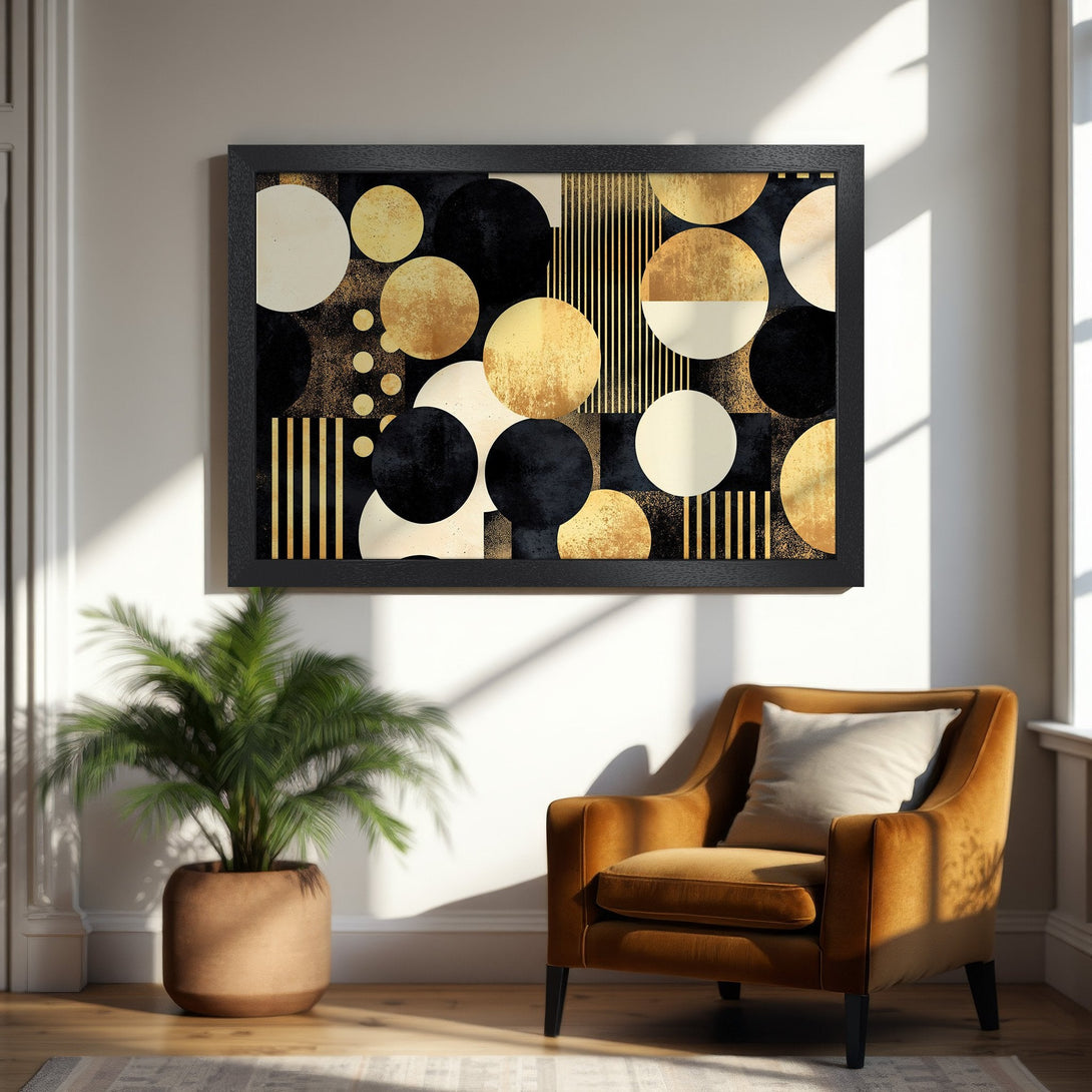 Framed Poster featuring abstract geometric art in black, gold, and white. Modern art print for home decor.