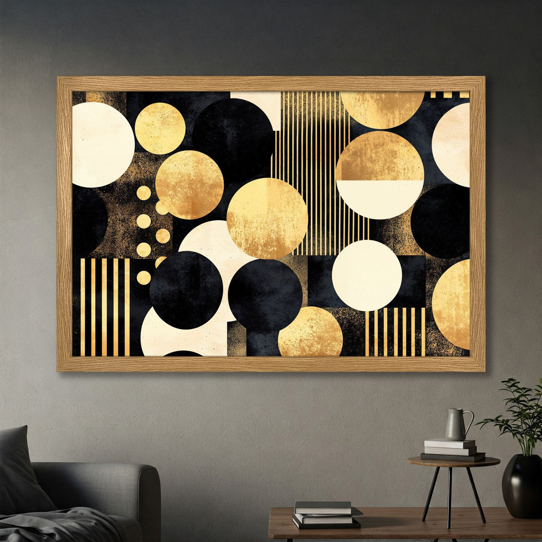 Framed Poster featuring an abstract geometric design with gold, black, and cream colors. Modern art style, perfect for home decor.