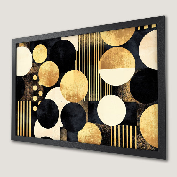 Framed Poster featuring an abstract geometric design with gold, black, and cream circles. Modern art style, perfect for any room.