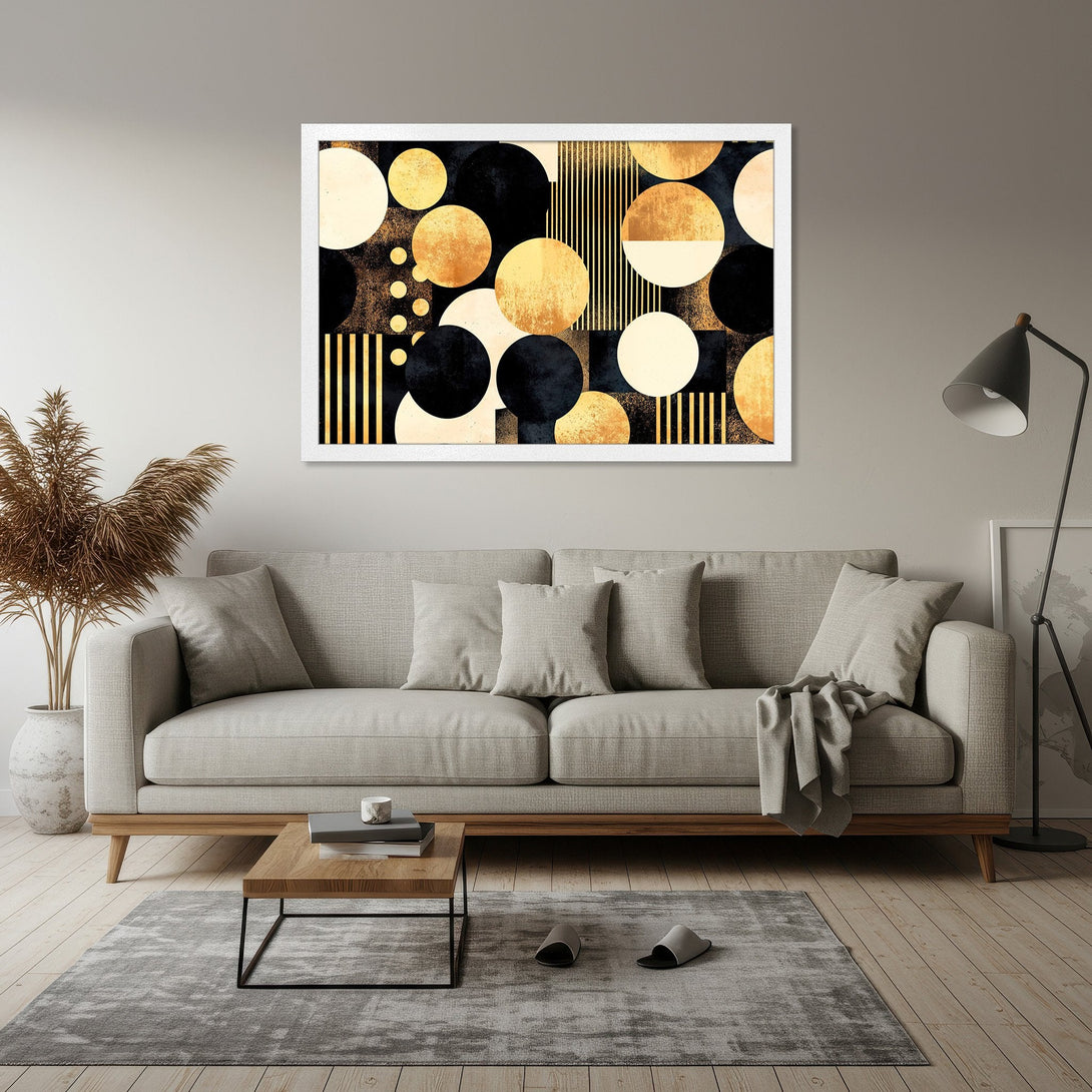 Framed Poster featuring abstract geometric art in gold, black, and beige tones. Modern wall art for stylish home decor.