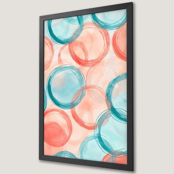Framed Poster featuring abstract watercolor circles in teal and coral. Modern art print for stylish home decor.