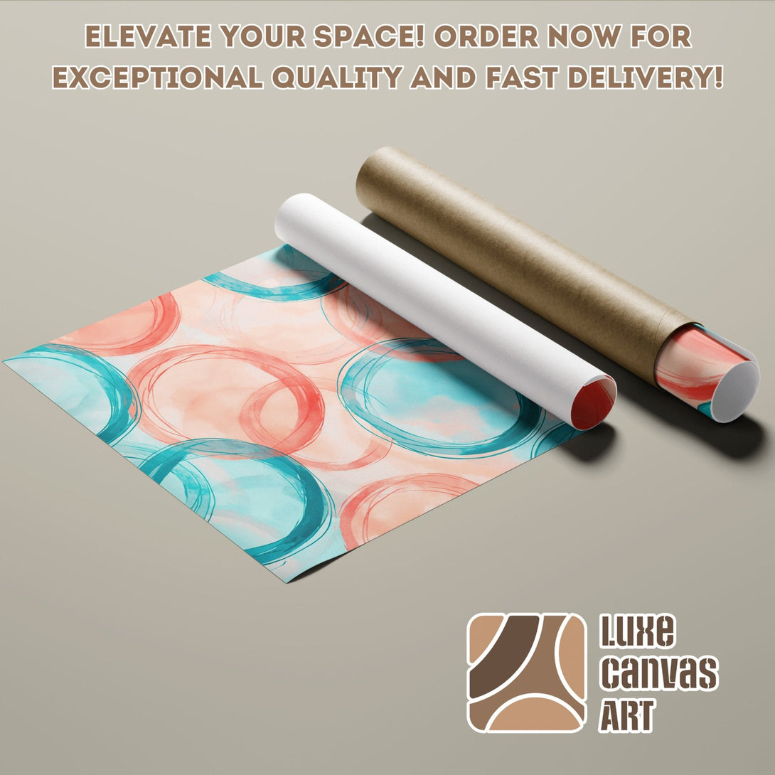 Abstract art Poster Roll with watercolor circles in teal & coral, ready to elevate your space!