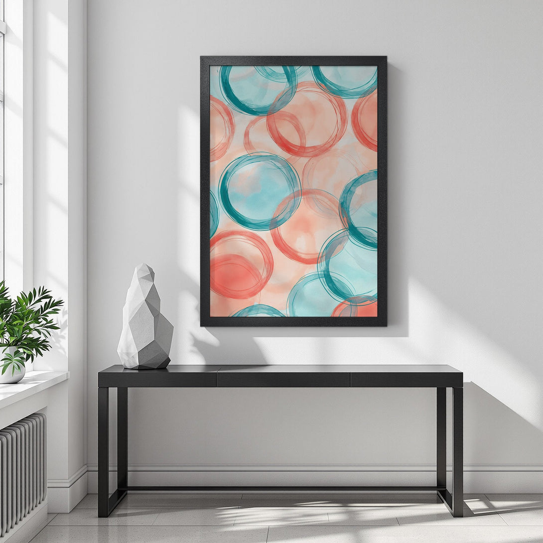 Framed Poster featuring abstract watercolor circles in teal and coral, perfect for modern home decor.