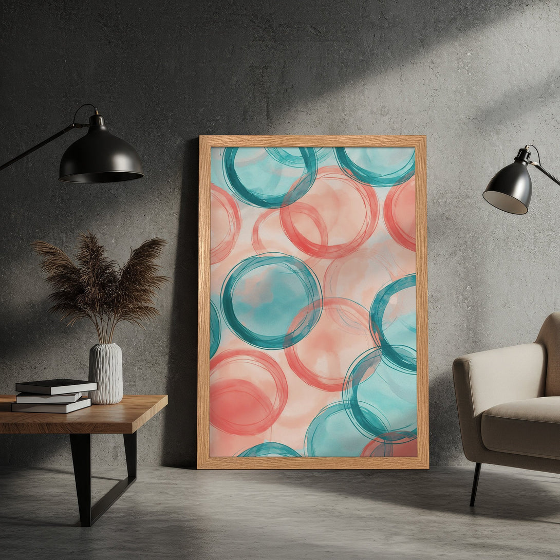Framed Poster featuring abstract watercolor circles in teal and coral. Modern art print for home decor.