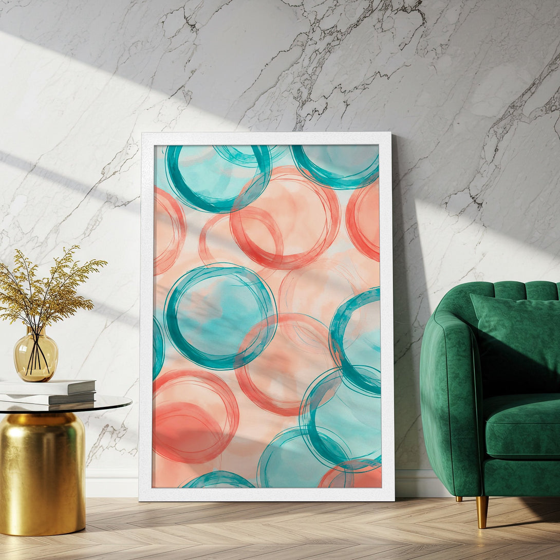 Framed Poster featuring abstract watercolor circles in teal and coral. Modern art print for stylish home decor.