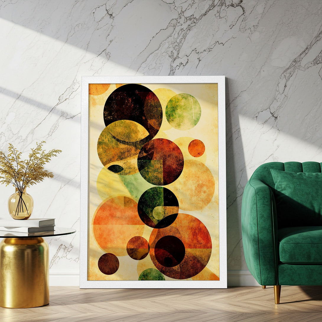 Framed Poster featuring abstract geometric circles in warm orange, yellow, and green tones. Modern art print for home decor.