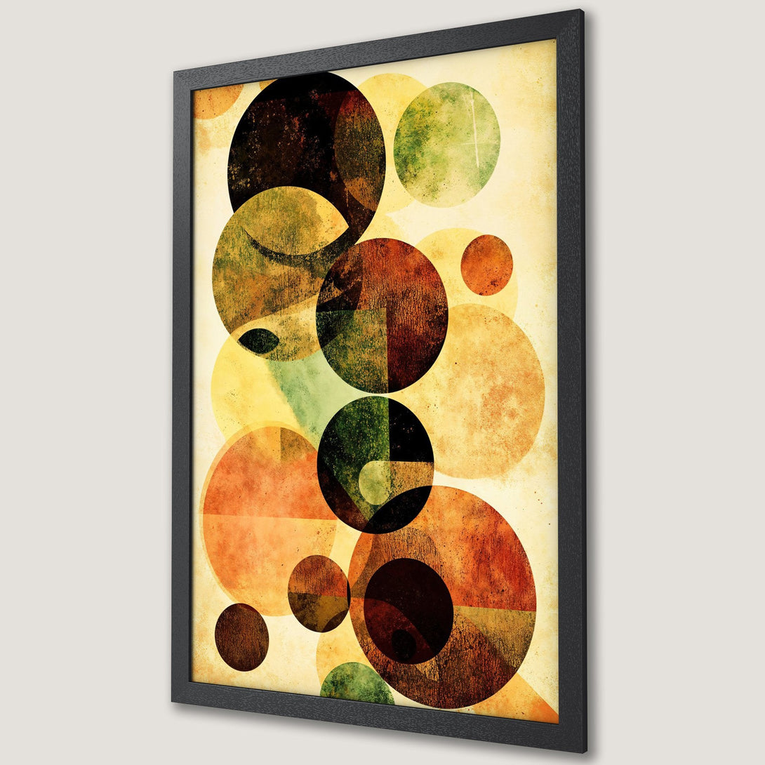 Framed Poster featuring abstract geometric circles in earthy tones of orange, brown, and green. Modern art print for home decor.
