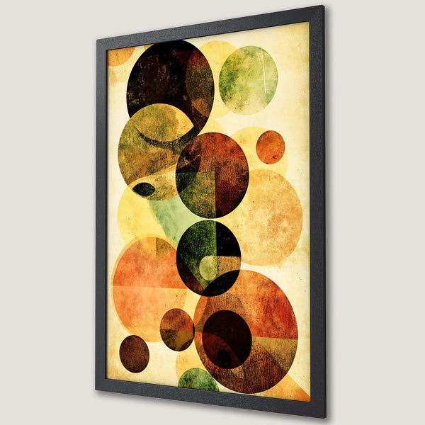 Framed Poster featuring abstract geometric circles in earthy tones of orange, brown, and green. Modern art print for home decor.