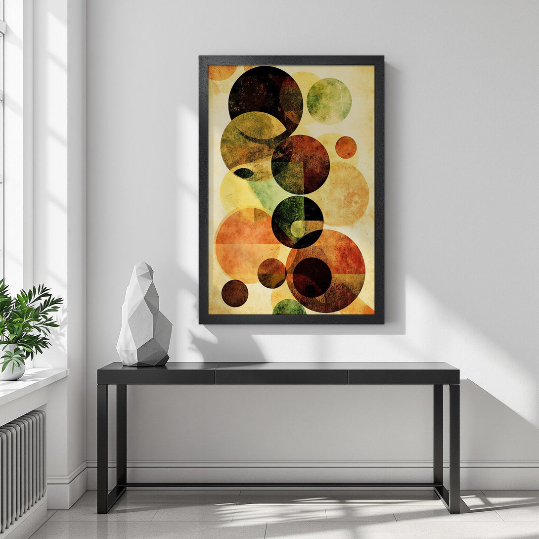 Framed Poster featuring abstract geometric circles in a warm, earthy color palette. Perfect art for modern home decor.