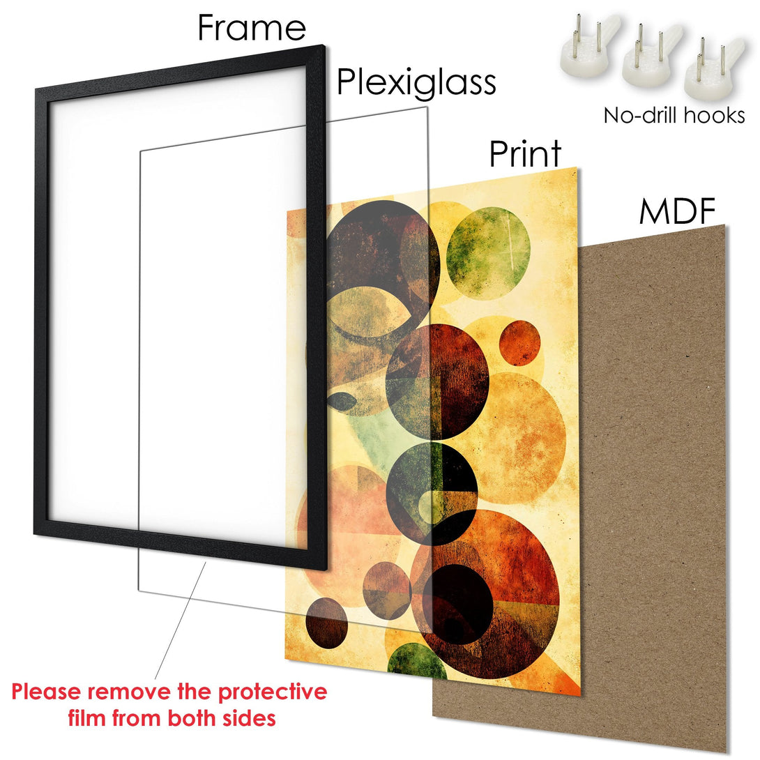 Framed Poster with abstract geometric art in warm earth tones. Modern wall art for your home. Includes no-drill hanging hooks.