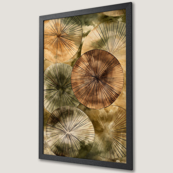 Framed Poster featuring abstract geometric art in warm earth tones. Modern home decor with a watercolor style and a natural color palette.