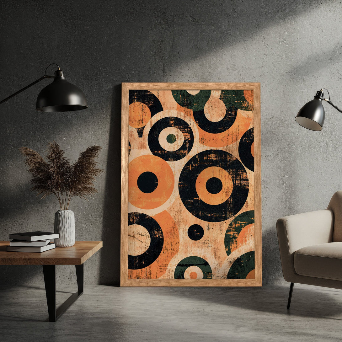Framed Poster featuring a retro abstract circle design in orange, black, and green. Perfect wall art for any space!