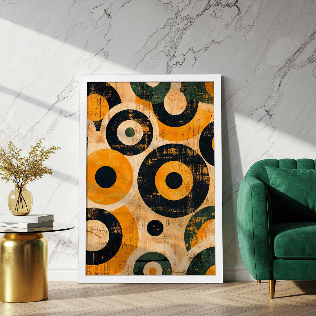 Framed Poster featuring a retro abstract design with circles in yellow, black, and green. Perfect wall art for a modern home.