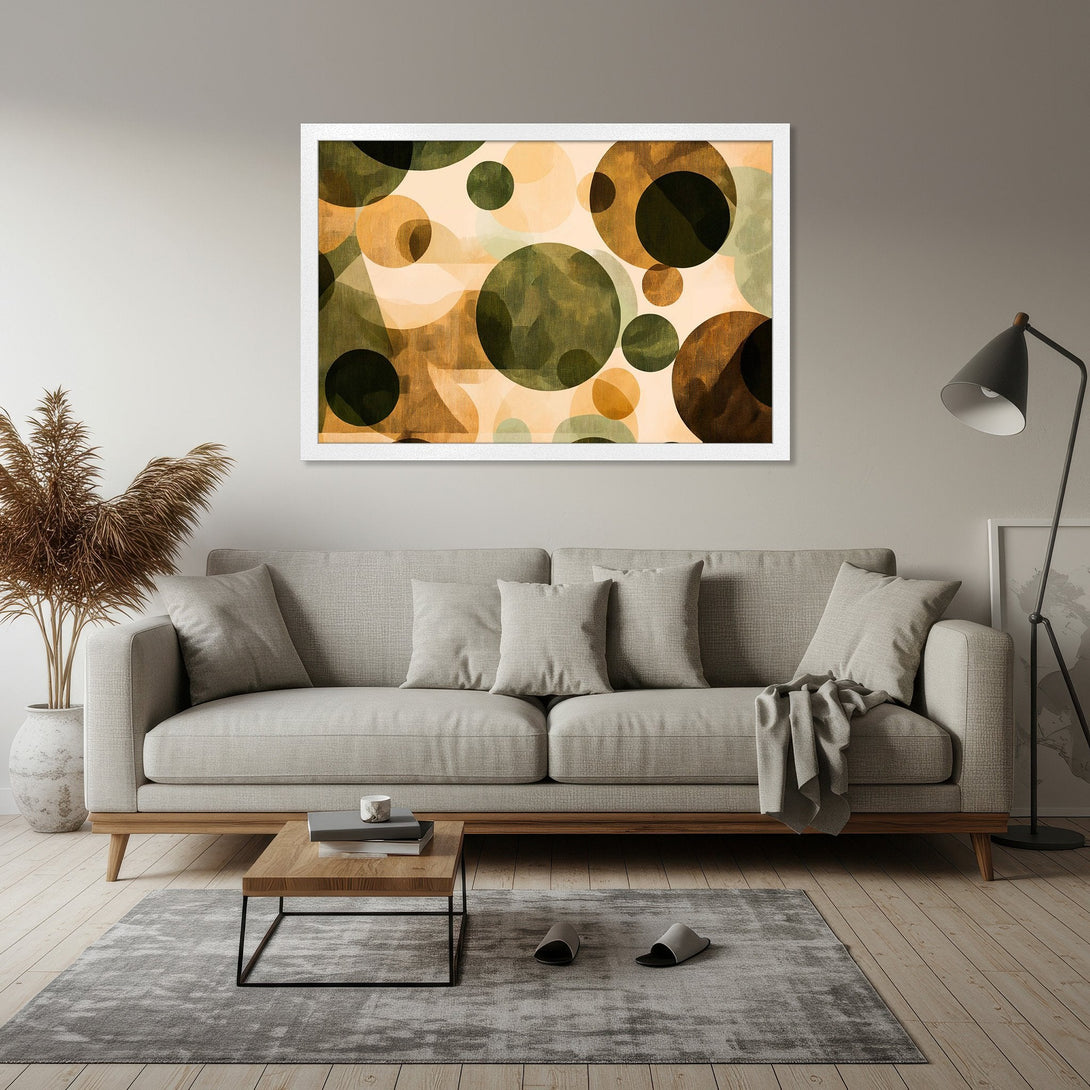 Framed Poster featuring abstract circles in earthy tones. Modern art print perfect for home decor.