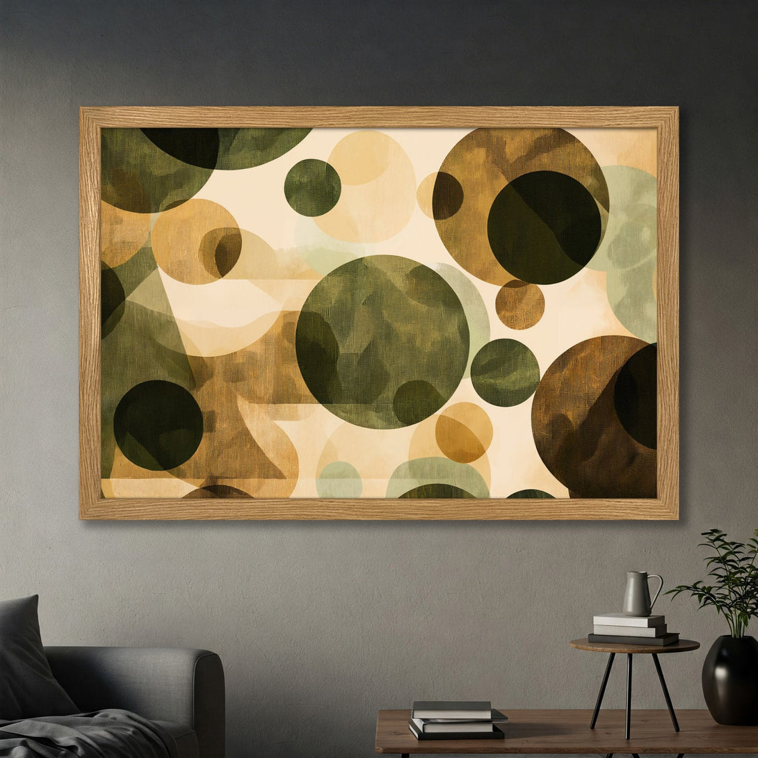 Framed Poster featuring abstract circles in earthy tones of green, brown, and beige. Modern art style, perfect for home decor.