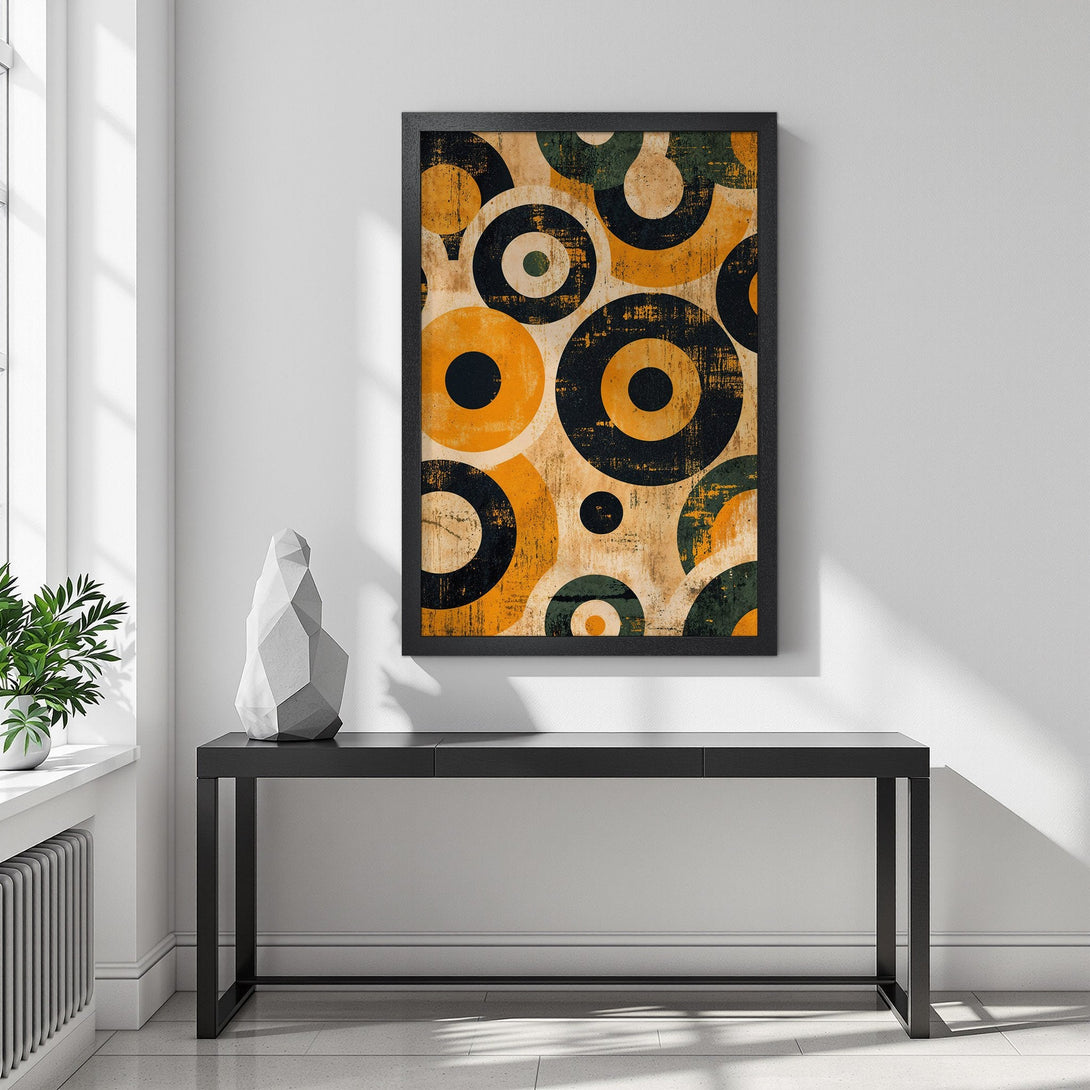 Framed Poster featuring retro geometric circles in a warm, earthy color palette. Add a touch of vintage style to your space!