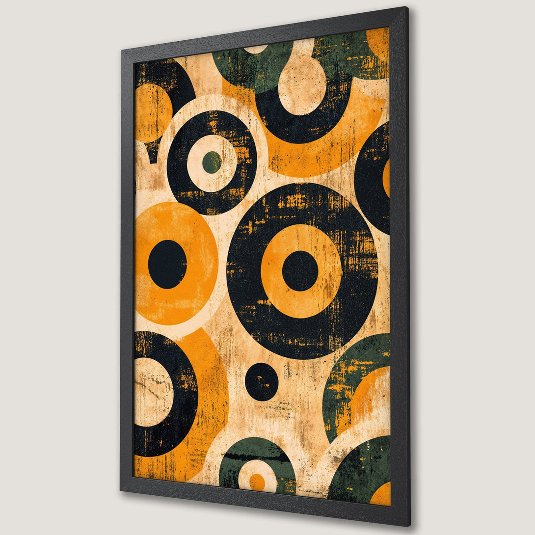 Framed Poster featuring abstract geometric circles in a retro style with a warm yellow, black, and green color palette. Perfect wall art!