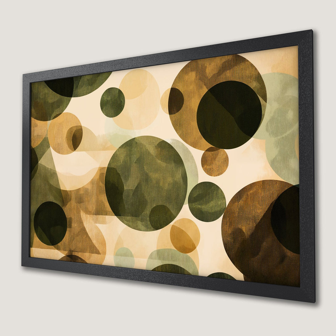 Framed Poster featuring abstract circles in earthy tones. Modern art print for stylish home decor.