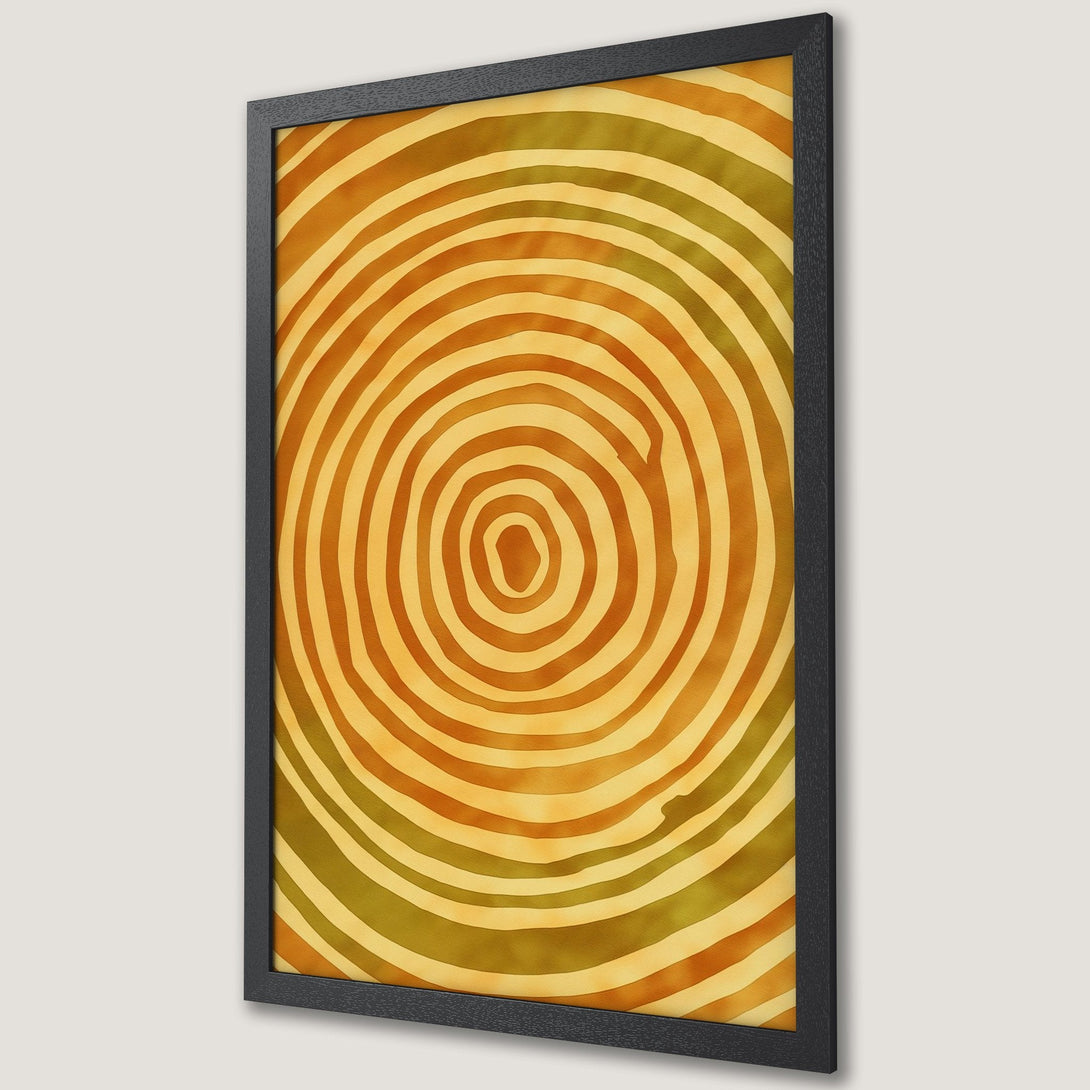 Framed Poster featuring a warm, abstract design with concentric circles in a yellow, orange, and green color palette. Perfect wall art!
