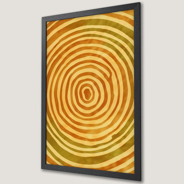 Framed Poster featuring a warm, abstract design with concentric circles in a yellow, orange, and green color palette. Perfect wall art!