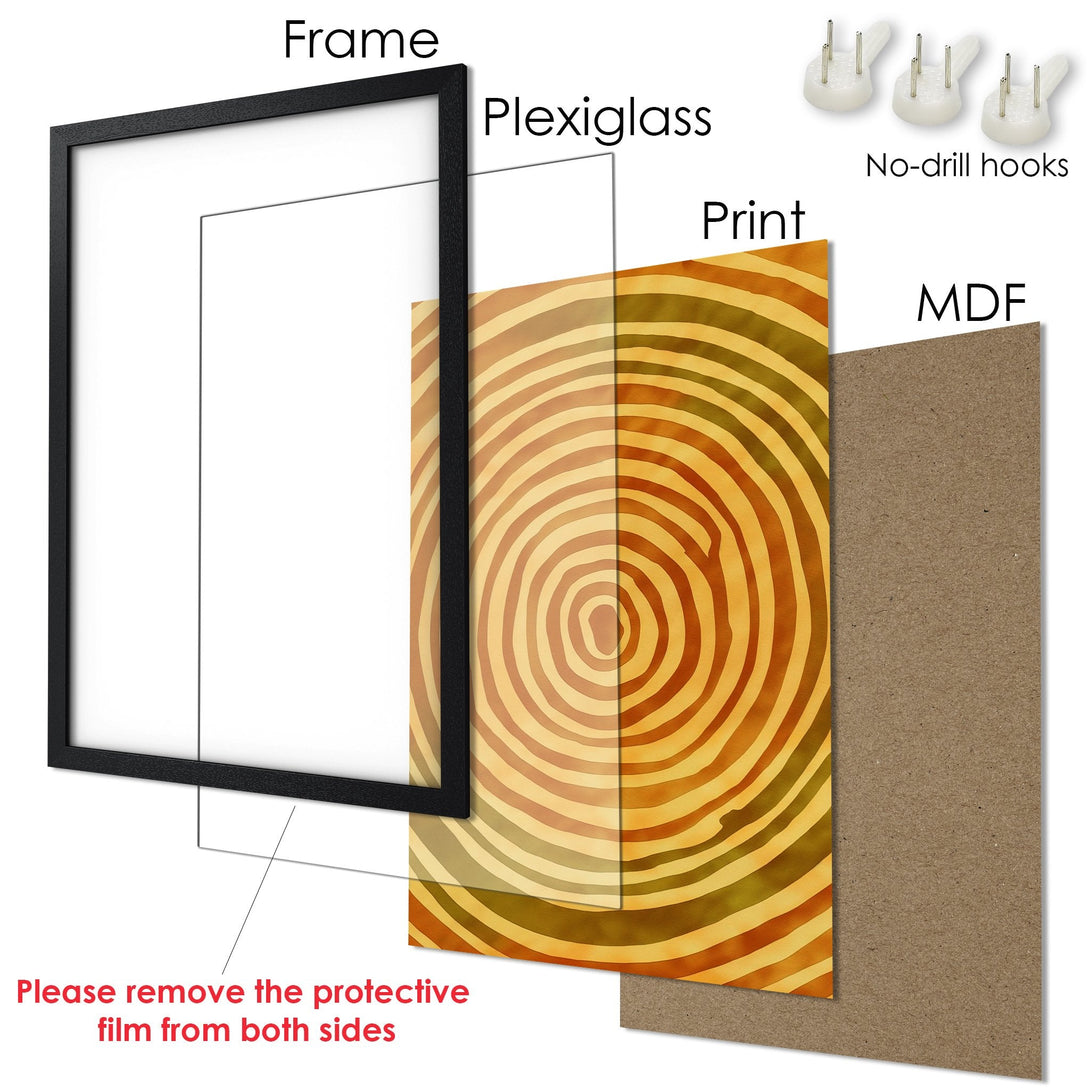 Framed Poster with abstract wood grain design in warm earth tones. Perfect art for your home! Includes no-drill hooks.