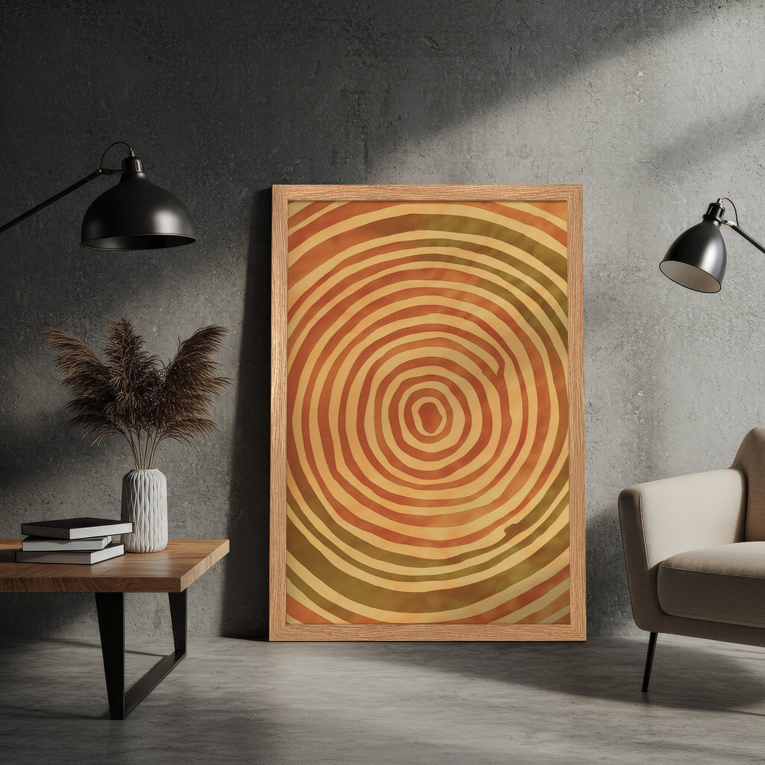 Framed Poster featuring abstract spiral art in warm orange and green tones, perfect for modern home decor.