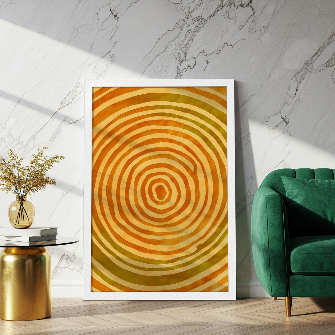 Framed Poster with abstract concentric circles in warm orange and yellow tones, perfect for modern home decor.