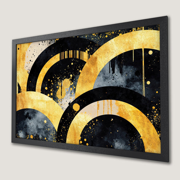 Framed Poster featuring abstract gold arch design on black and gray background. Modern art style, perfect wall decor.