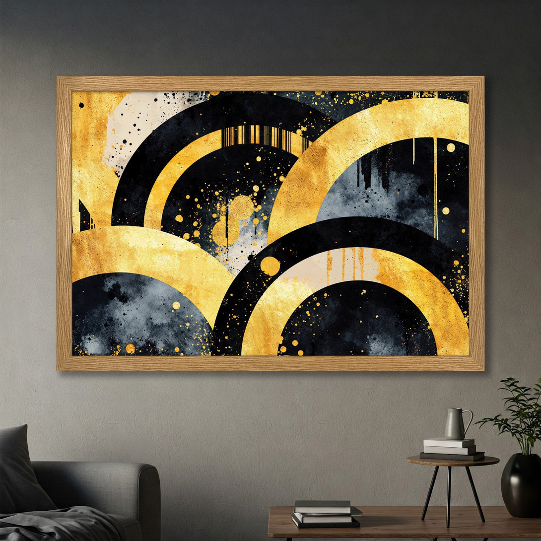 Framed Poster featuring abstract gold, black, and gray art. Modern style, perfect for home decor. Add a touch of elegance with this stunning poster.