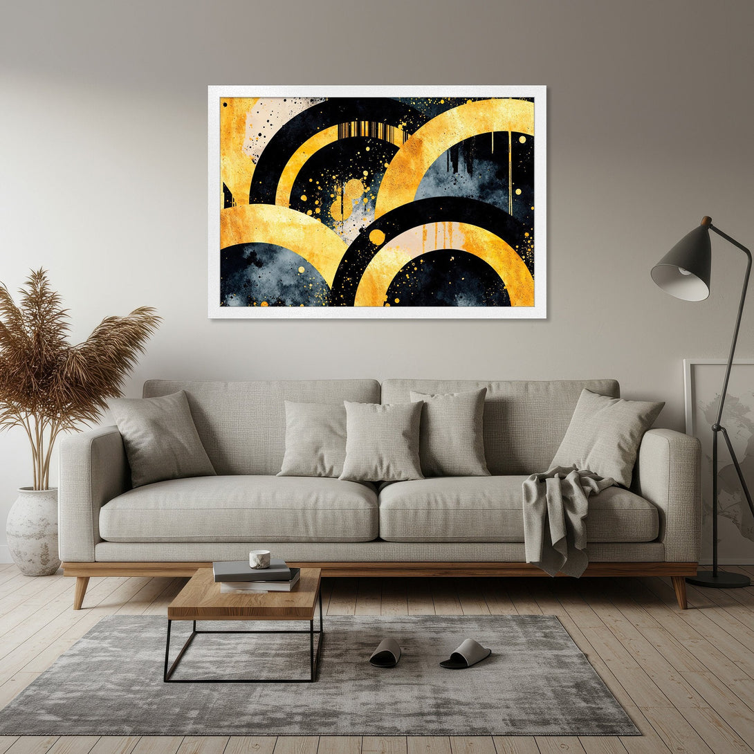 Framed Poster featuring abstract gold and black geometric art. Modern style, striking color palette for home decor.