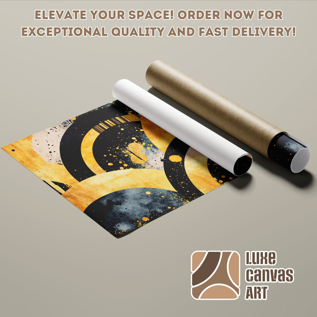 Abstract art Poster Roll in black, gold, and blue color palette. Elevate your space!