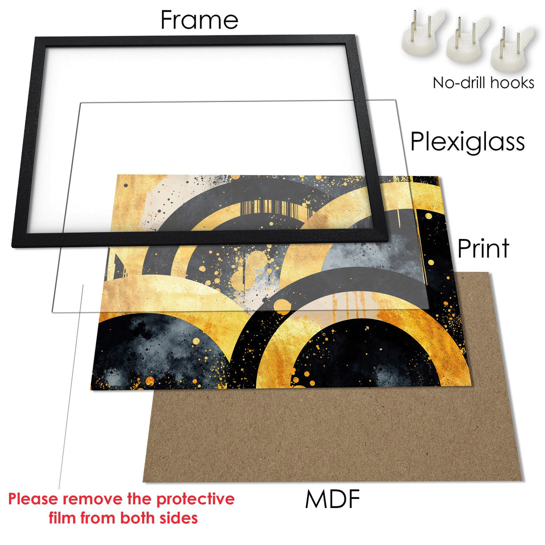 Framed Poster featuring abstract art in black, gold, and gray. Modern style, perfect for home decor.