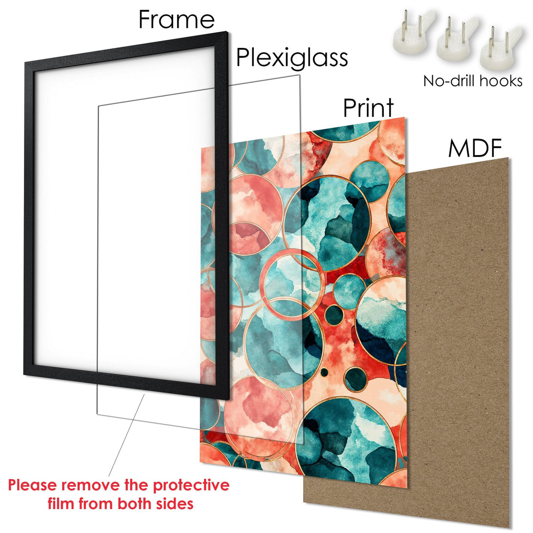 Framed Poster with abstract watercolor design in teal, coral, and gold. Modern art print for home decor.