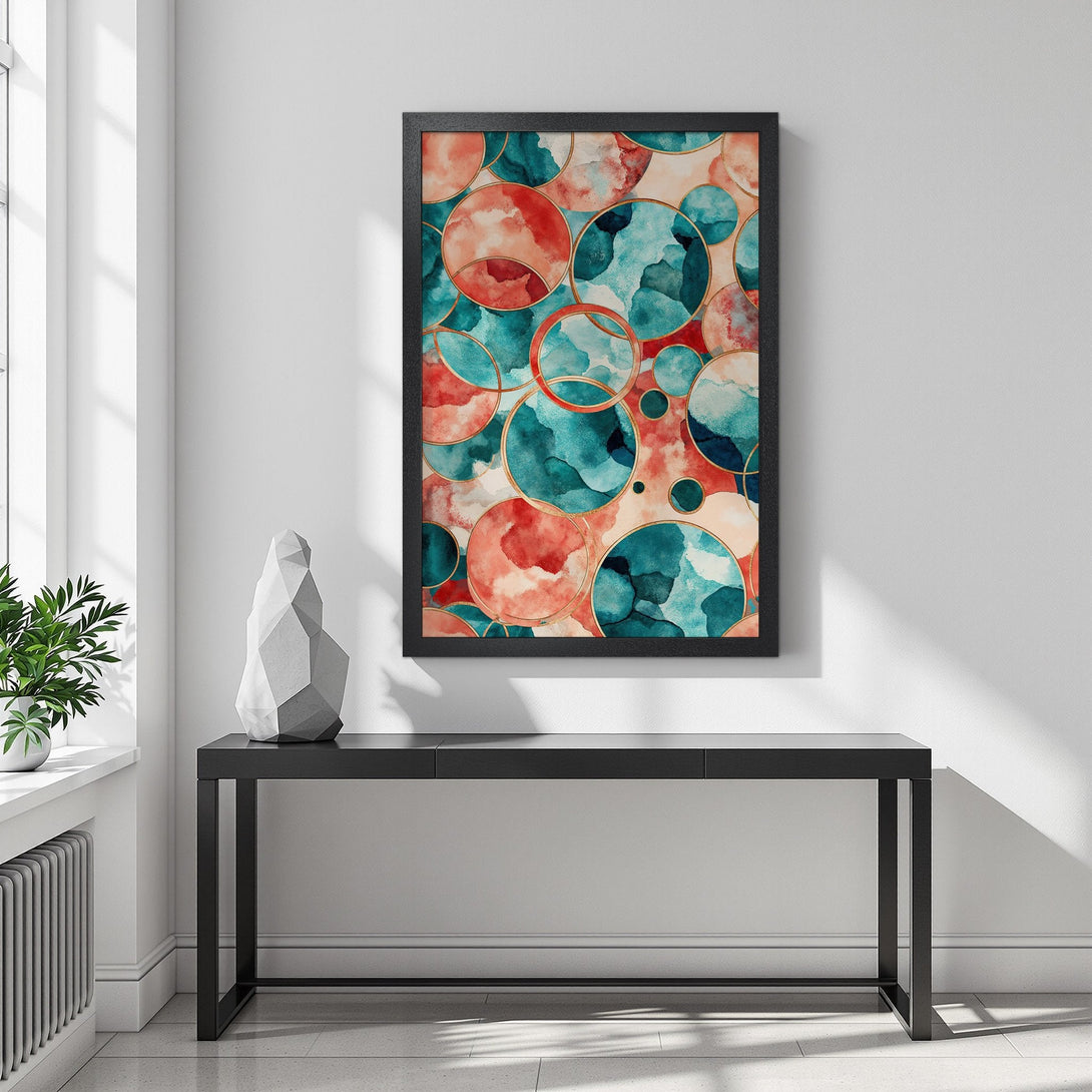 Framed Poster featuring abstract watercolor circles in teal, coral, and gold. Modern art print for home decor.