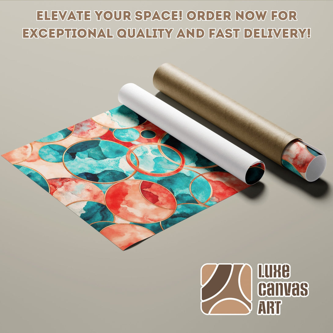 Abstract art Poster Roll in teal, coral, and gold. Elevate your space today!