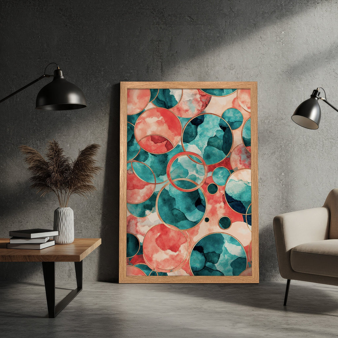 Framed Poster featuring abstract watercolor circles in teal, coral, and gold. Modern art for your home decor.