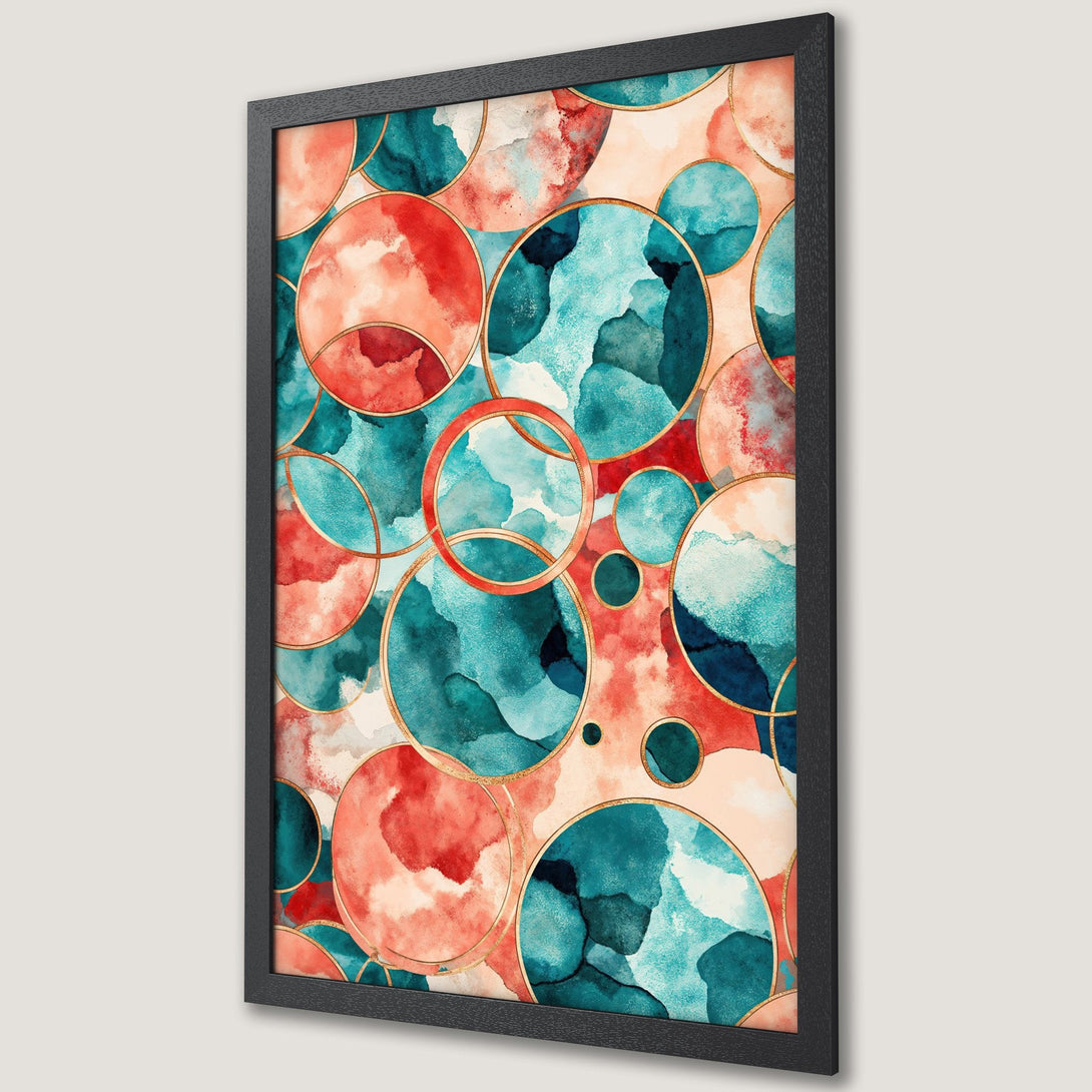 Framed Poster featuring watercolor circles in teal, coral, and gold on a light background. Modern abstract art print.