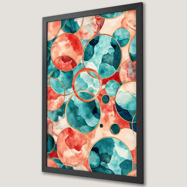 Framed Poster featuring watercolor circles in teal, coral, and gold on a light background. Modern abstract art print.