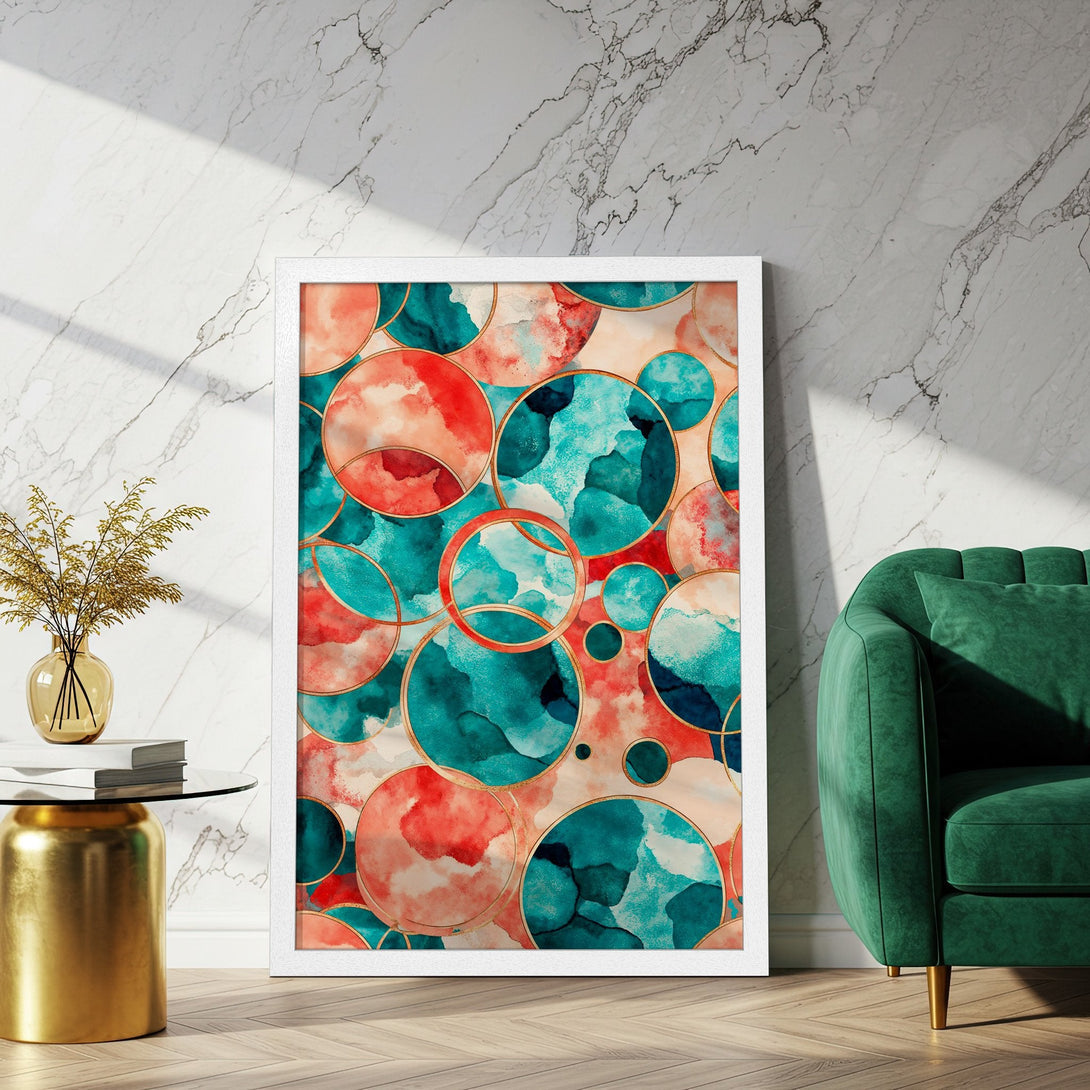 Framed Poster featuring abstract watercolor circles in teal, coral, and gold. Modern art for home decor.