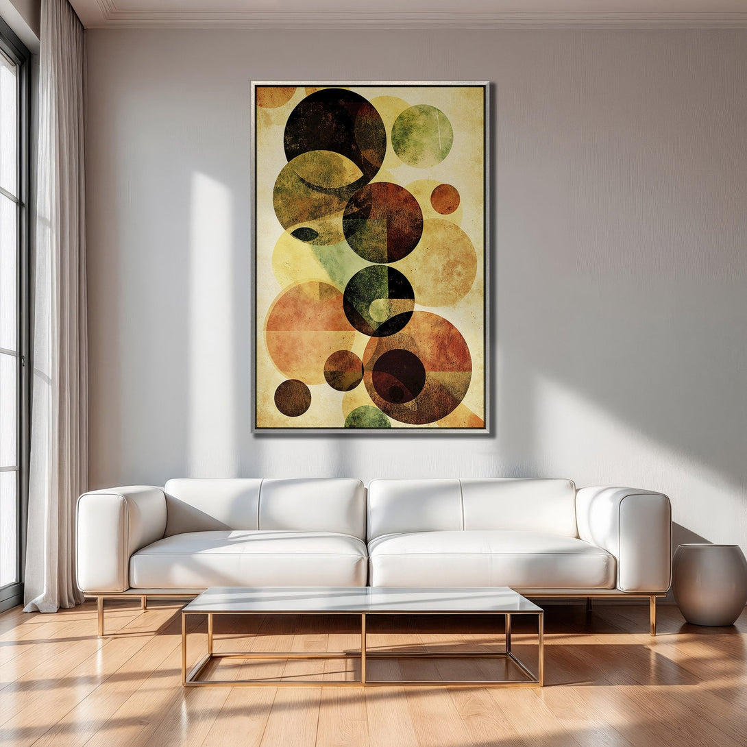 Framed Wall Art featuring abstract geometric circles in warm earth tones. Modern art for living room decor.