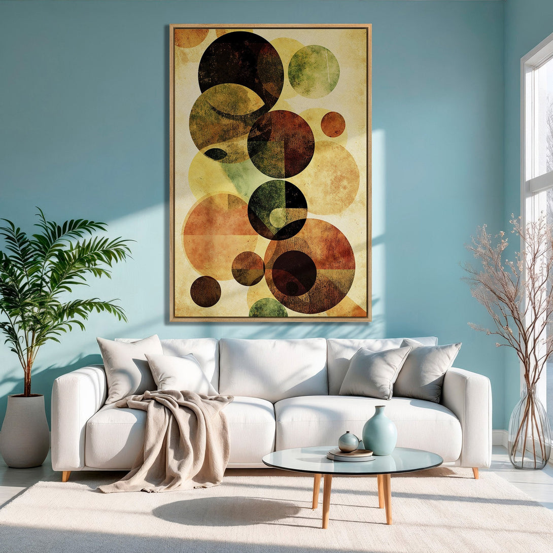 Framed Wall Art featuring abstract geometric circles in warm earth tones. Perfect for adding modern style to any living room. Shop our Canvas Print collection now!