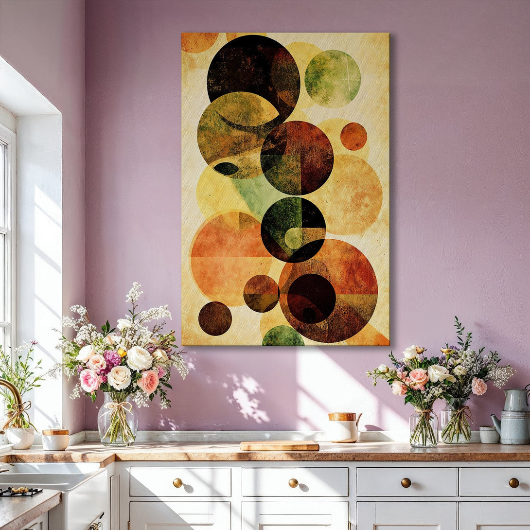 Framed Wall Art: Abstract geometric art print with warm earth tones. Modern decor featuring circles in a living room setting. Enhance your space today!
