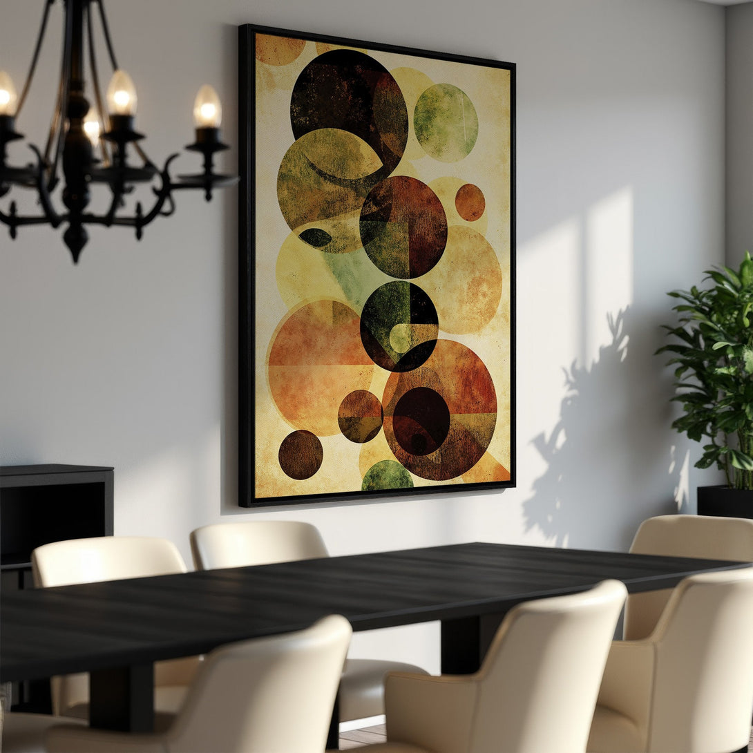 Framed Wall Art featuring abstract geometric circles in warm earth tones. Enhance your dining room with this modern, stylish canvas print.