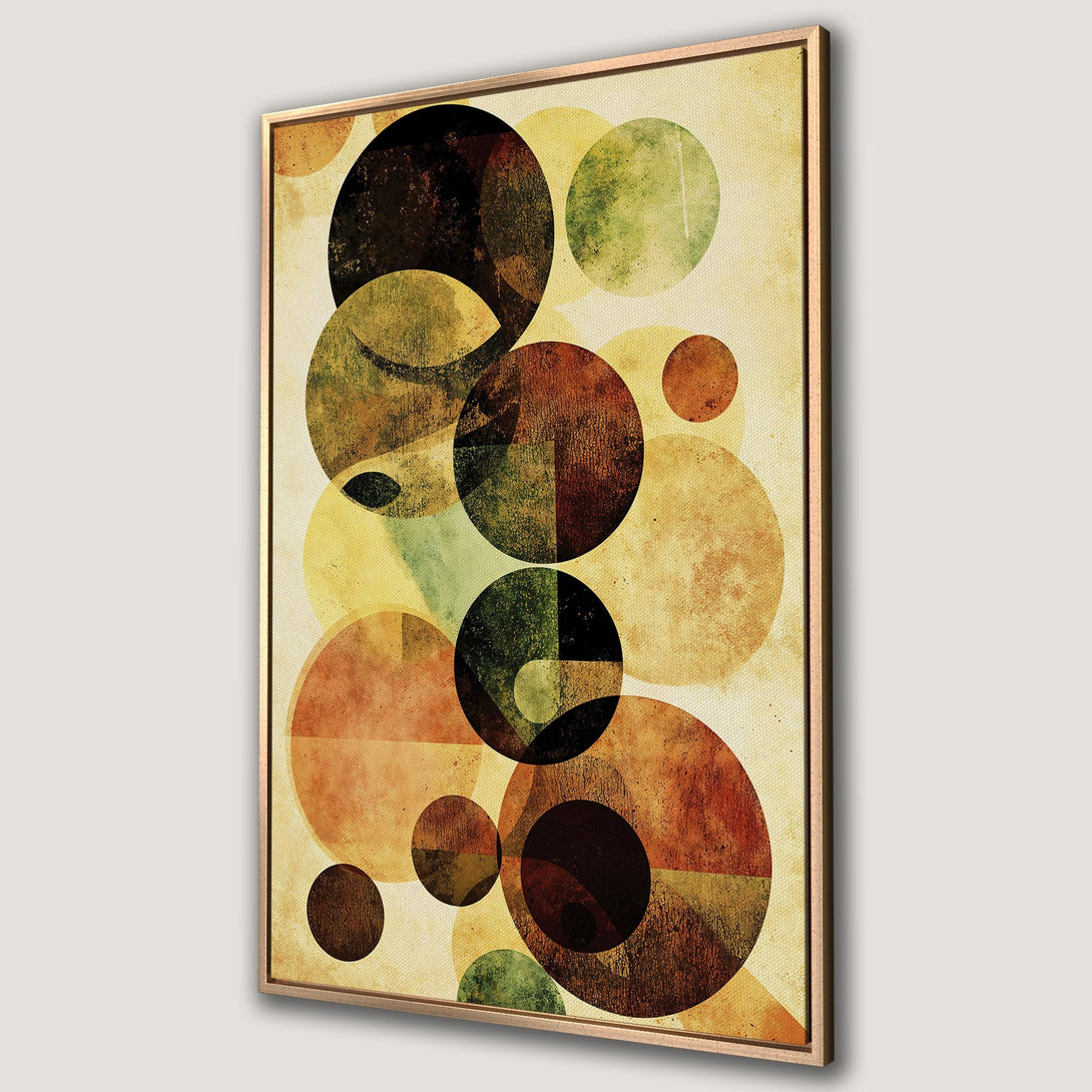 Framed Wall Art: Abstract geometric canvas print featuring overlapping circles in warm earth tones. Modern art for your home decor.