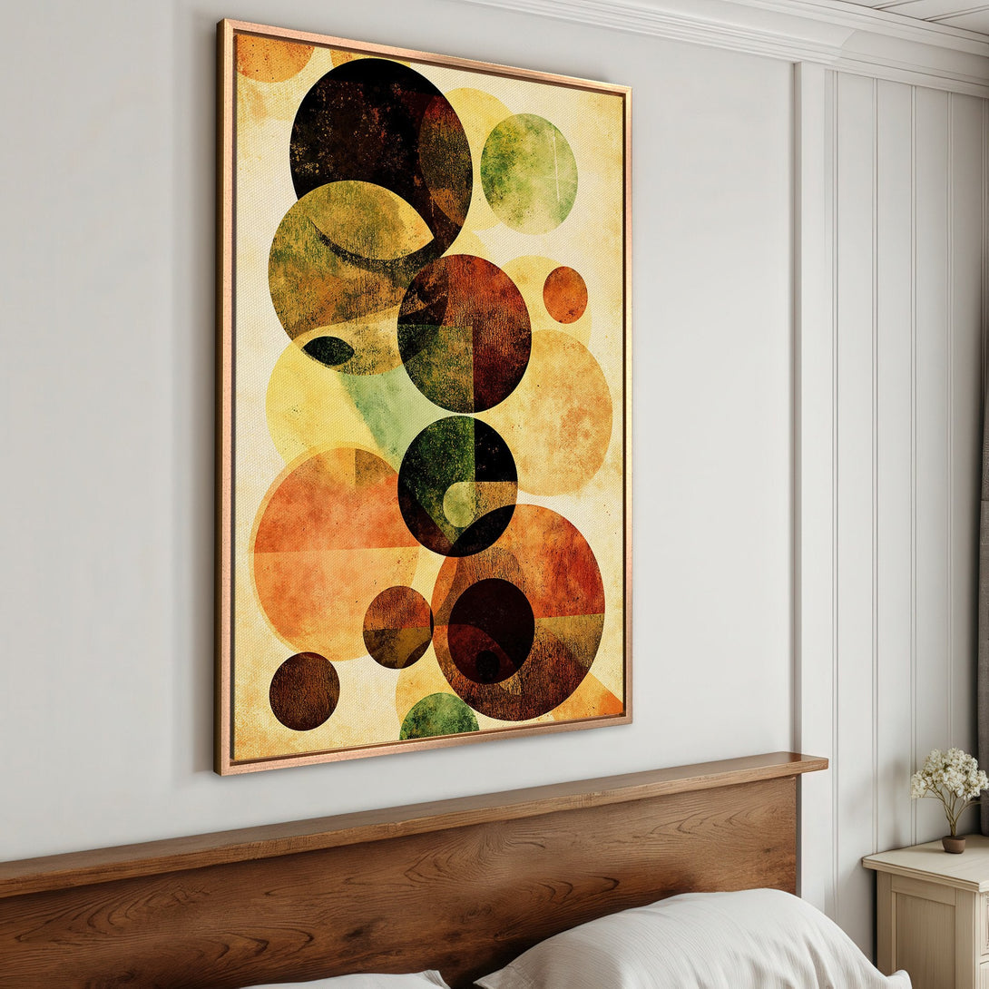 Framed Wall Art featuring abstract geometric circles in warm earth tones. Modern art for your home, perfect for adding a touch of style and color.