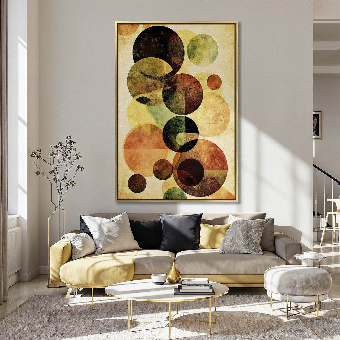 Canvas Print featuring an abstract geometric design with overlapping circles. Earthy tones of orange, green, and brown create a warm, inviting aesthetic. Perfect wall art!