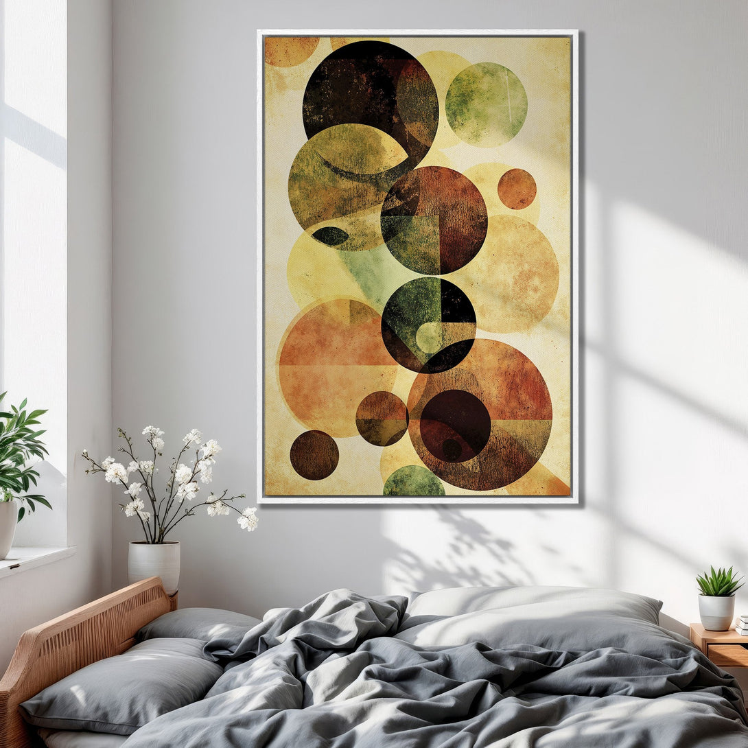 Framed Wall Art: Abstract geometric circles in warm earth tones. Modern art for bedroom decor. Enhance your space with this stylish canvas print.
